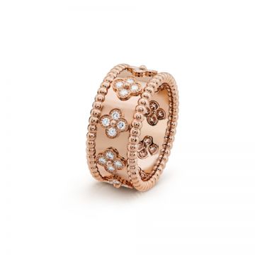 VCA Imitation Perlee Clovers Lady Wide Ring Rose Gold-plated Diamonds Beaded Border 2018 Sale France VCARO9NB00