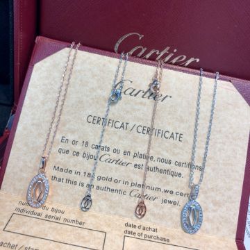 Replica Cartier Double C Interlocking Center Design Oval Cutout Diamond Pendant Ladies Luxury Rose Gold/White Gold Necklace/Earrings