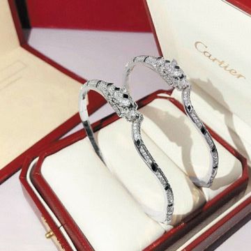High Quality Cartier Panthère de Cartier Onyx & Emeralds Eyes Sterling Silver Womens Paved Diamonds Bangle