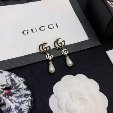 Replica Cheap Gucci Yellow Gold  White Pearl Pendant Double GG Desin Female Black Diamonds Drop Earring 
