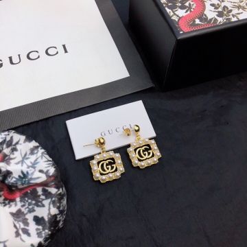 2021 Spring Fashion Gucci Double G Square Pearl-embellished Pendant Female Yellow Gold Plated Drop Earrings Popular Jewellery
