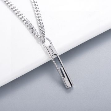 Unisex Unique Style Gucci Authentic Rectangle Cutwork G Pendant High End White Gold Necklace Bead Link/Oblate Link/Round Link