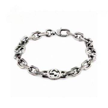 Best Quality Gucci Interlocking G Antique Sterling Silver Douoble G Pendant Wide  Link Chain Bracelet Fashion Men Jewellery 620798 J8400 0811 