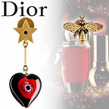 Dior Celebrity Style D-Murrine Red & Black  Heart Charm Ladies Brass Bee Asymmetric Star Earrings E0807DMUVE_D911