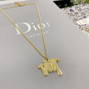 Imitation Dior Solid Gold Material Diamond Brand Logo Letter Pendant Women'S Long Chain Necklace Best Discount Jewelry
