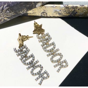 Replica Dior J'Adior English Alphabet Signature Dangle Design Inlaid Pearl Star Detail Ladies Brass Vintage Stud Earrings
