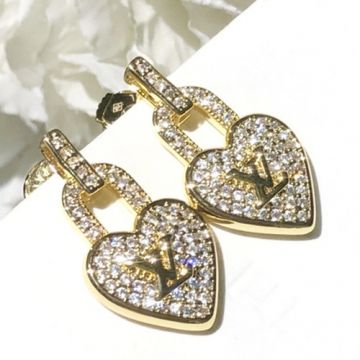 Replica Women's Most Fashion Louis Vuitton Crazy In Lock Yellow Gold Paved Diamonds LV Logo Pattern Heart Pendant Drop Earrings Luxury Jewellery