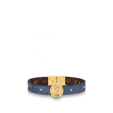 Unisex High Quality Louis Vuitton Circle Reversible Logo Monogram Brown Leather & Blue CanvasYellow Gold Denim Bracelet M6561E