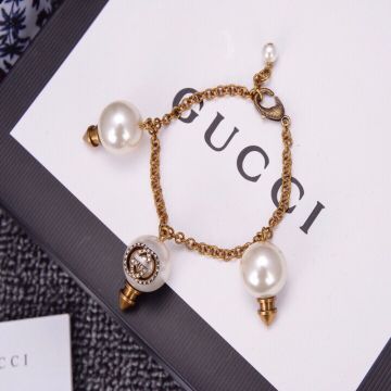 Chic Gucci Classic Brass Paved Diamonds Interlocking G Pearl Charm Female Chain Bracelet Rose Gold Jewellery Online