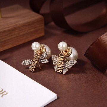 High End Christian Dior J'ADIOR Paved Diamonds Bee And Butterfly Pendants Women Brass Fake Asymmetric Drop Earrings