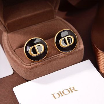 Women's Hot Selling Dior Antique Brass CD Logo Pattern Nummular Black Enamel Stud Earrings Fashion StreetChic