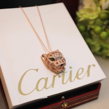 Faux Cartier Full Diamond Cutout Leopard Head Emerald Leopard Eye Black Speckled Detail Men's Gold Plated Necklace