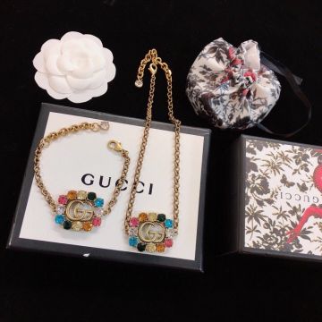 Replica Gucci Vintage Fashion Brass Double G Colorful Diamond Around Pendant Bracelet/Necklace 