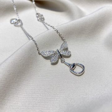 Imitation Gucci Elegant 925 Sterling Silver Heart Detail Chain Dimond Butterfly Pendant Thin Necklace For Women