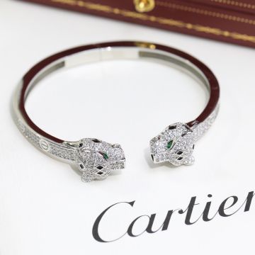 Replica PanthèRe De Cartier Double Leopard Head Shape Paved Diamond Onyx Embellished Open Design Women'S Bracelet