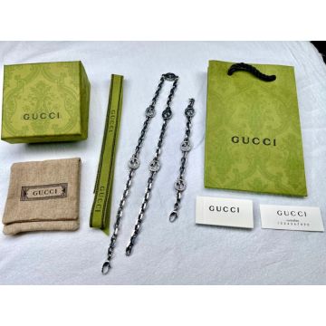 Copy Gucci Aged Finish Striped Interlocking G Details Chain Bracelet/Necklace Unisex 925 Sterling Silver 