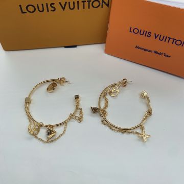 Copy Louis Vuitton Garden Louise Diamond Flower LV Letters Chain Design Hoop Earrings Gold Hot Sale