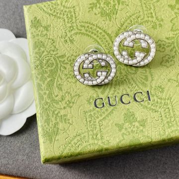 Imitation Gucci Ladies Interlocking G Paving Pearl Stud Earrings Gold/Silver Best Discount