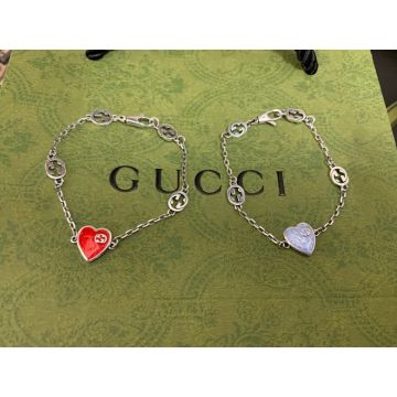 Faux Gucci Red/Blue Enamel Heart Bottom Detail Interlocking G Chain Bracelet For Women ‎645546 J89B4 1192