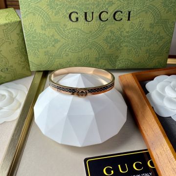Fake Gucci Women's Vintage Fashion Black Web 3d Embellished Interlocking Double G Hoop Bracelet Silver/Rose Gold
