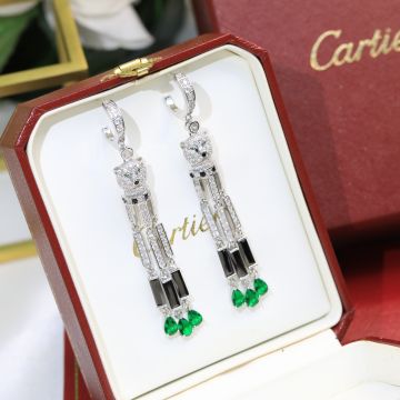 Copy PanthèRe De Cartier Pavé Diamonds Tassel Design Emerald Black Onyx Embellished White Gold Women'S Earrings H800976