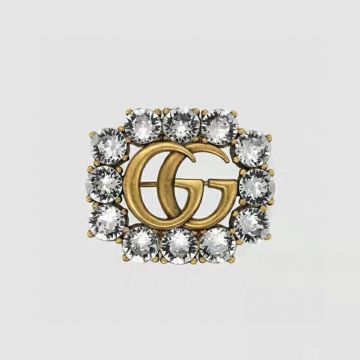 Copy Gucci Brass Double G Design Crystal Border Brooch For Ladies High End Jewerly 506171 J1D50 8062