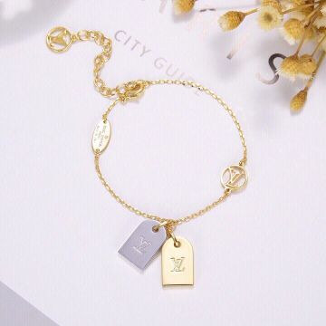 Fake Louis Vuitton Fashion Jewelry Gold Nanogram Size Double LV Logo Tag Bracelet For Women Online Sale