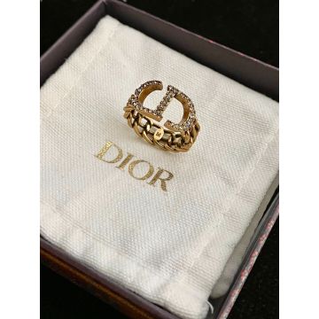 Clone Dior Ladies Open Design Diamond CD Letter Double Row Vintage Metal Finish Chain Detail Ring Celebrity Same