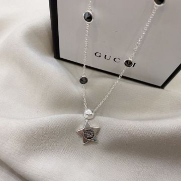Fake Gucci Blind For Love Sterling Silver Pentagram Engraved Cat Head Pendant Black Spinel Detail Bracelet/Necklace For Female