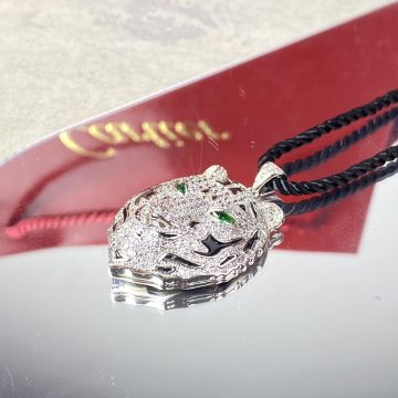 Clone Cartier Diamond Tiger Head Onyx  Detail Emerald Eye Pendant Black Braided Rope Necklace For Men