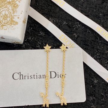 Faux Dior Diamond Star Embellished Logo Detail Giraffe Shape Pendant Gold Chain Women'S Earrings Best Discount