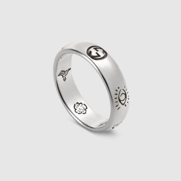 Replica Hot Selling Gucci Blind For Love Interlocking G Flower Birds Pattern Unisex Silver Fake Thin Ring Fashion Couple Ring 455247 J8400 0701