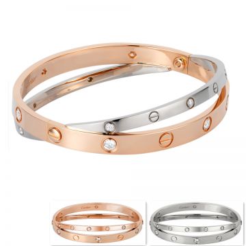 Cartier Love Women Pink/White Gold-plated Double Bangle Adorned Crystals Screw Detail Party Style India Sale N6039117/N6709617/N6709517