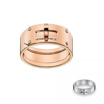 Hermes Kelly Silver/Rose Gold Wide Ring Turn Lock Unisex Style Encrusted Four Crystals Price Canada H109038B 00050/H109043B 00046