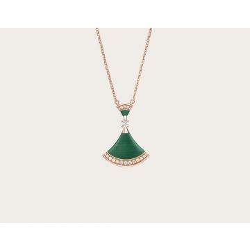 Bvlgari Divas' Ethnic Green Malachite Fan Pendant Pave Diamonds Rose Gold Necklace For Womens Replica Ref.351143