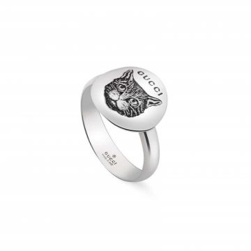 Replica Most Popular Gucci Blind For Love Logo Detail Mystic Cat Pattern Round Aged Sterling Silver Ring For Ladies 