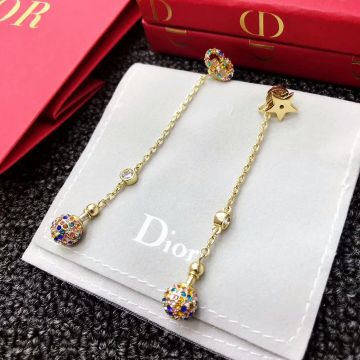Elegant Style Dior La Petite Tribale Spheroidal Pendant Female Star & CD Asymmetric Brass Multicolor Diamonds Drop Earrings    