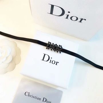 2019 Women's Winter Latest Dio(R)Evolution Black Gros-grain Ribbon Black Logo Diamonds Style Choker Necklace Replica