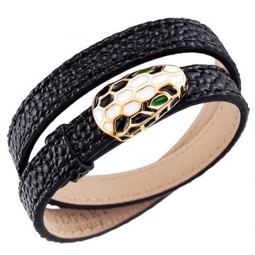 Bvlgari Serpenti Particular Black Leather Bracelet Gold-plated White/Black Enamel Canada Best Price Clone Unisex