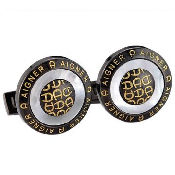 Aigner Men Vintage Black Cufflinks Round Shape Golden Logo With Pearl French Style Price Dubai 