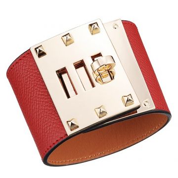 Replica Hermes Kelly Dog Gold-Plated Rotating Buckle Wide Red Leather Bracelet Colorful Party USA H072970CC53T2