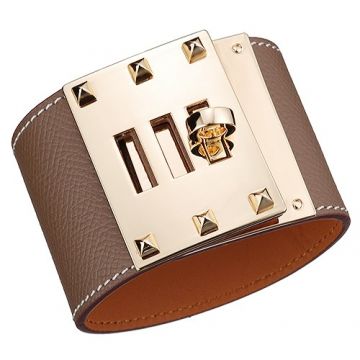 Fake Hermes Kelly Dog Yellow Gold Plated Rotating Buckle Grey Wide Leather Bracelet Street Fashion