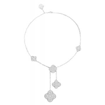Women's Van Cleef & Arpels Magic Alhambra 6 Motifs Silver Clover Pendant Paved Diamonds Necklace VCARN9MP00 Fashion White Gold Jewellery