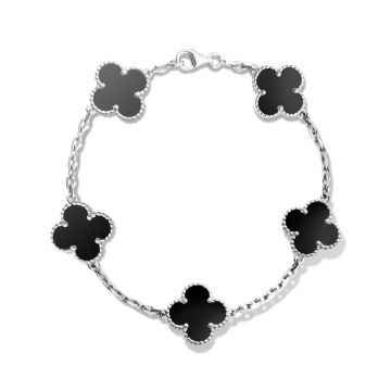 VCA Vintage Alhambra Silver Chain Bracelet Black Enamel Adorned Clover Pendant Girls Gift 2018 USA