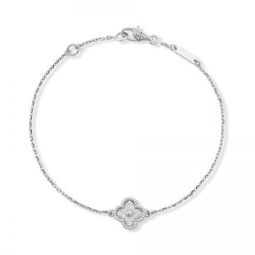 VCA Sweet Alhambra Women's Clover Charm Engraved Crystal Silver Rose/Yellow Gold Chain Bracelet Wedding Gift VCARO85600 